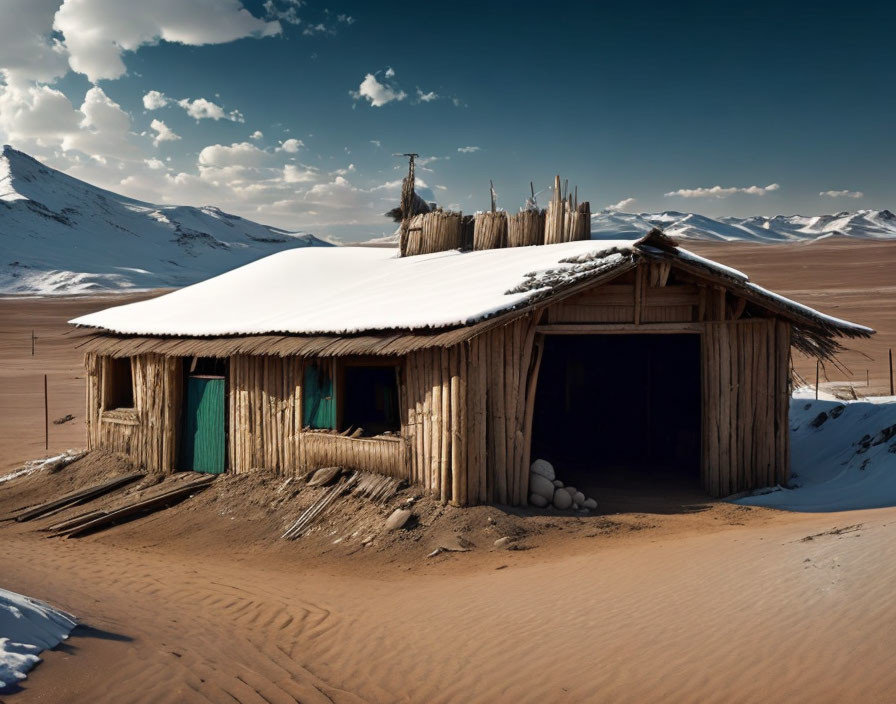 Snow-covered rustic cabin in desert landscape with sand dunes and mountains