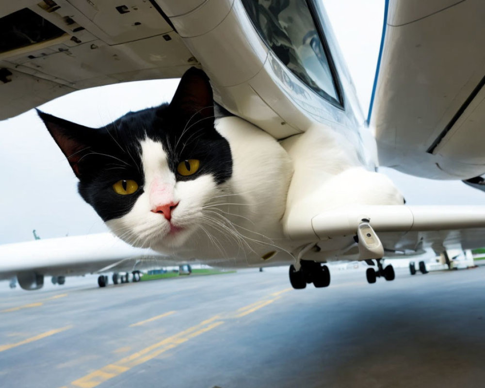 Black and white cat under airplane wing on tarmac