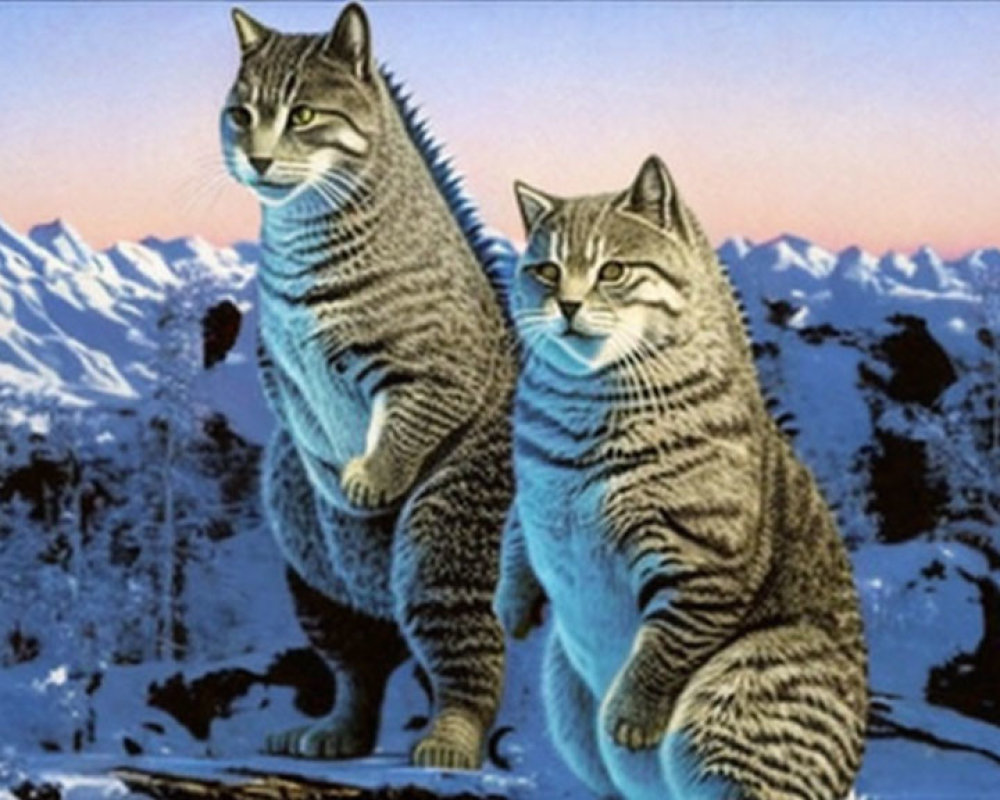 Anthropomorphic Cats in Snowy Mountain Landscape