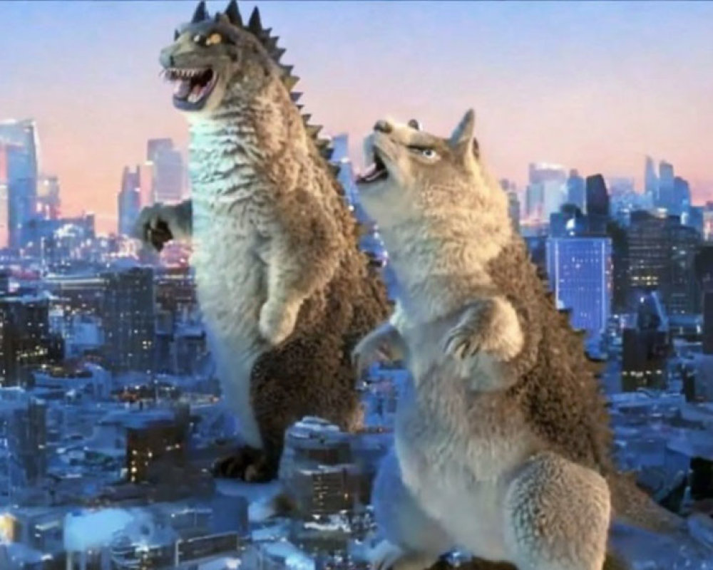 Animated wolves howling in snowy cityscape