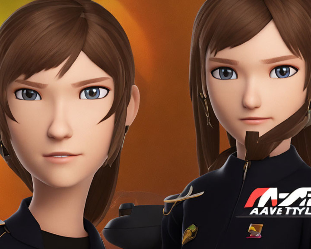 Two brown-haired female characters in black outfits against warm background