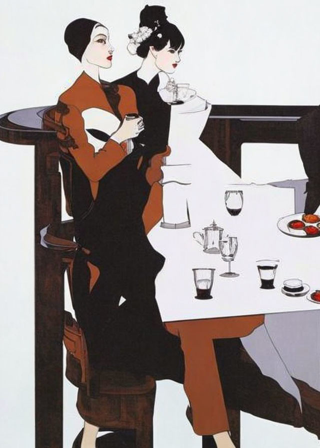 Stylized women in elegant attire at cafe table with cake