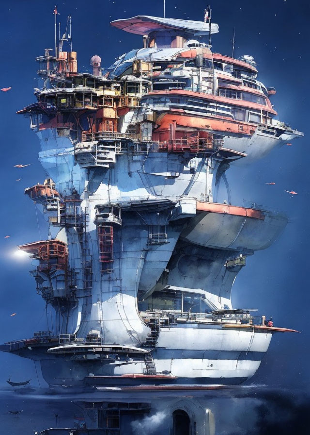 Futuristic ship-like structure floating in the sky with flying craft and antennas under blue haze