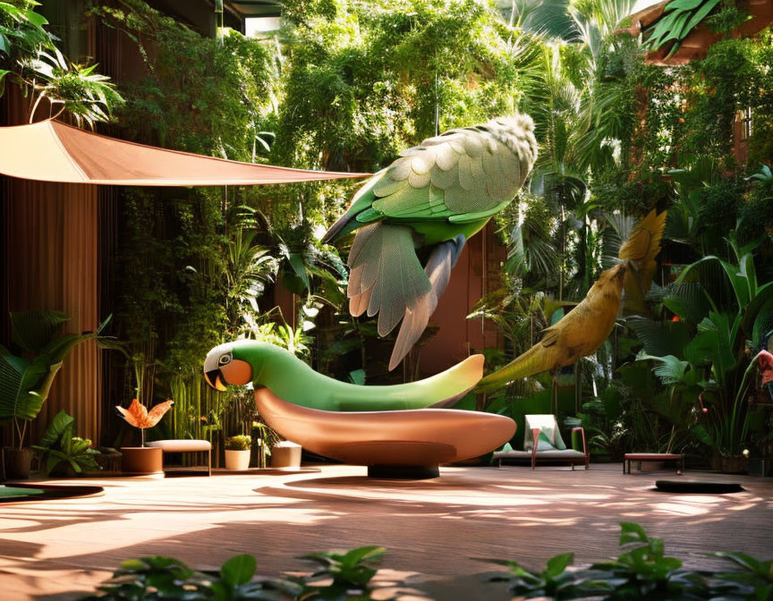 Colorful Parrot-Themed Slide in Lush Garden