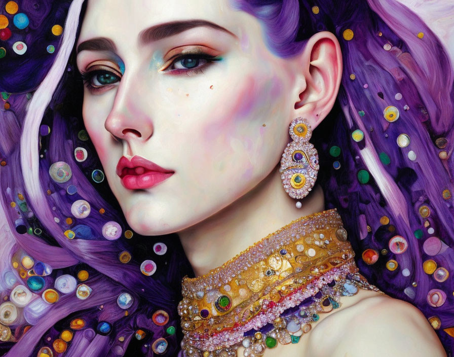 Colorful illustration of woman with purple hair and intricate jewelry