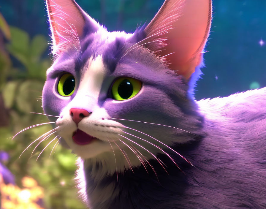 CGI-rendered gray cat with green eyes and pink nose against colorful background