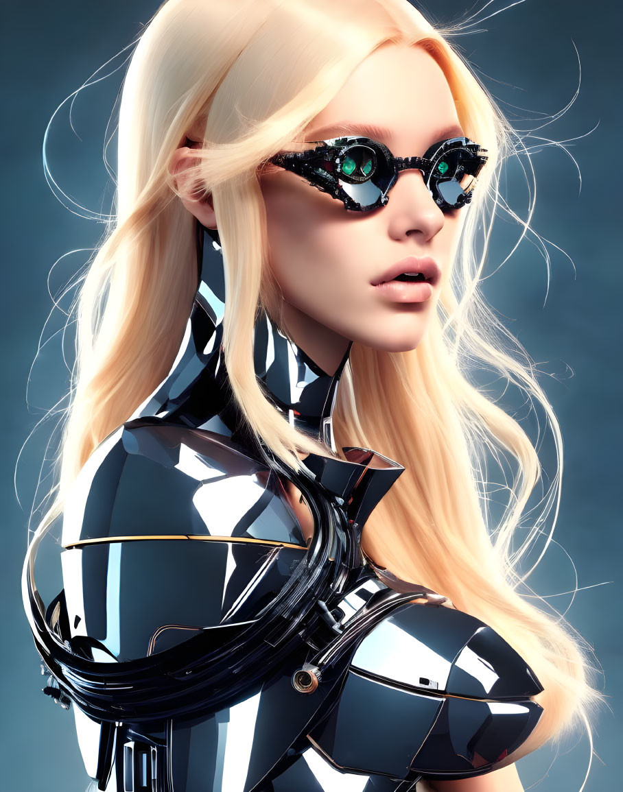 Blonde Woman in Futuristic Armor and Hexagonal Sunglasses