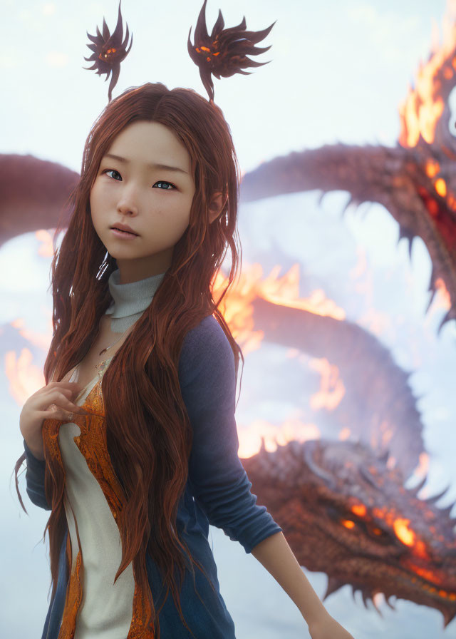 Young woman with auburn hair and dragons in digital art