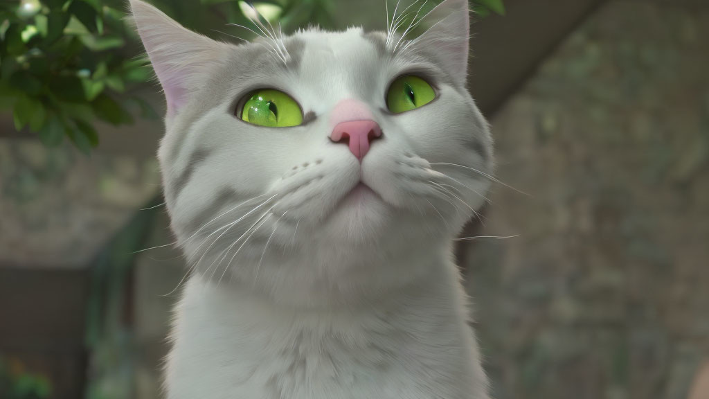 Grey and White Cat with Green Eyes and Pink Nose in Nature Scene