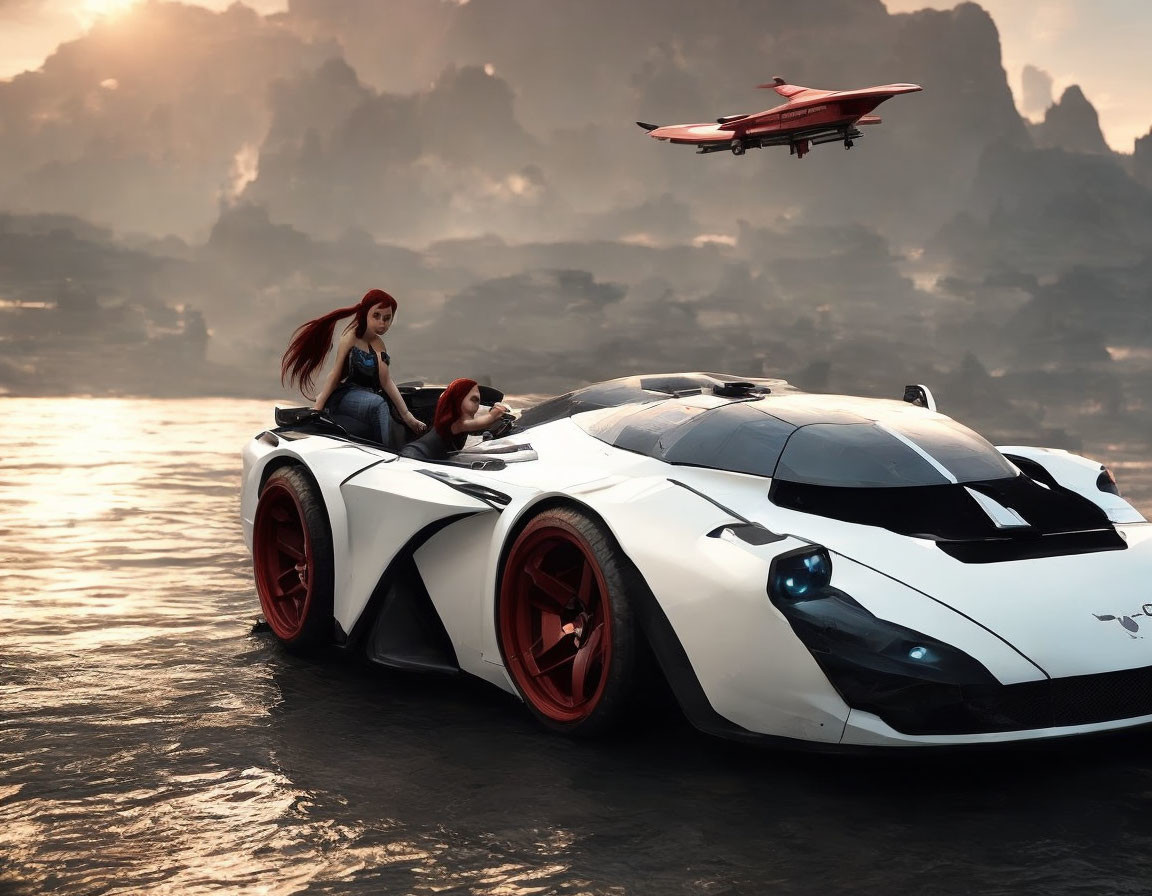 Futuristic floating sports car with female passenger and drone over misty mountains