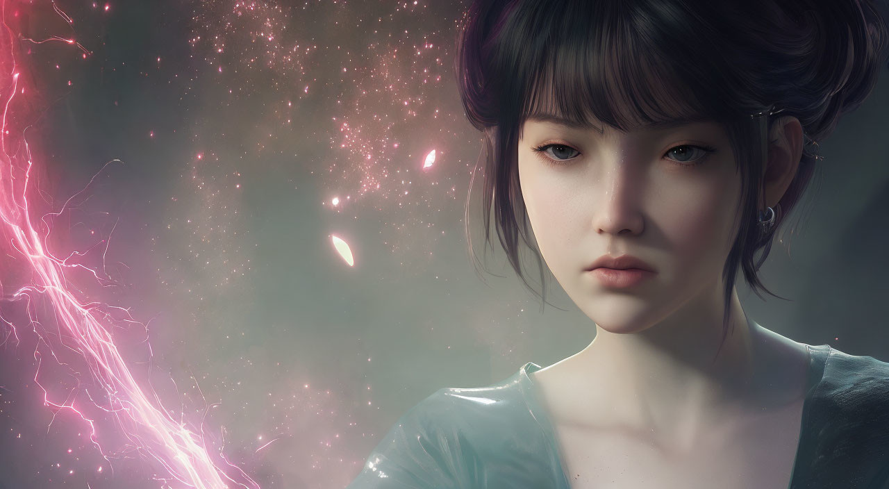 Young woman with dark hair in digital art - pink nebula and lightning background