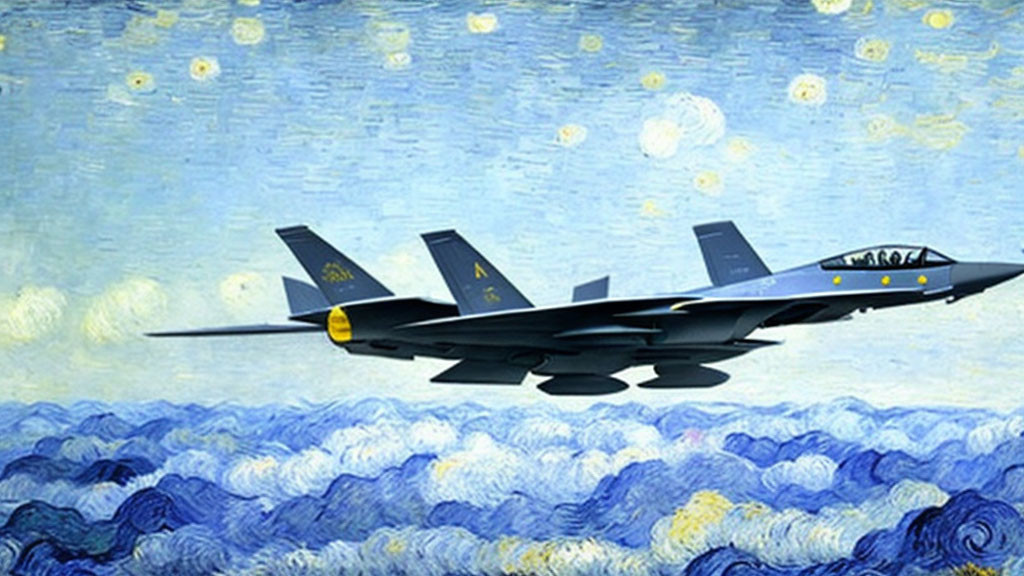 Fighter jet overlaid on "Starry Night" painting combines modern tech with classic art.