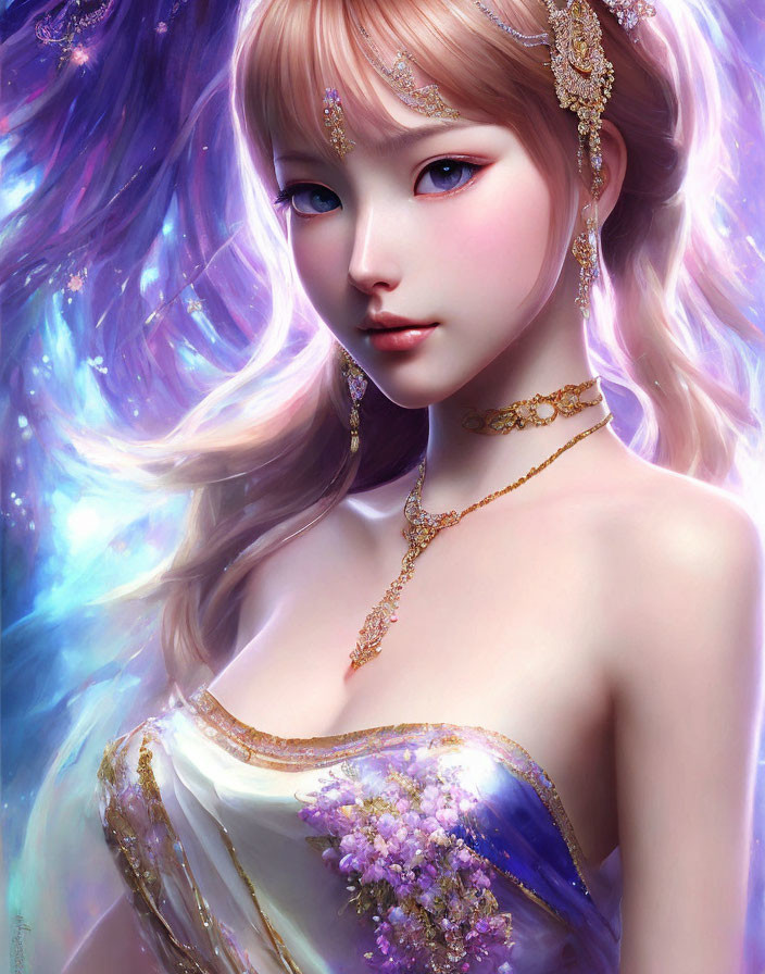 Fantasy elf woman portrait with blonde hair and gold jewelry on cosmic background