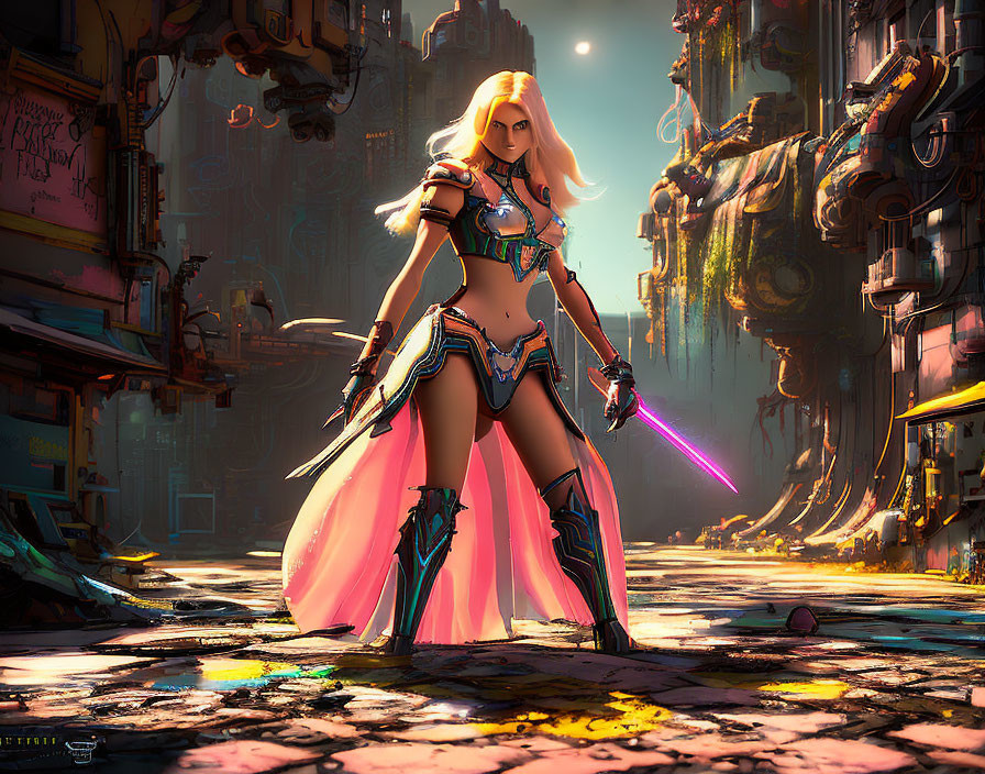 Blonde warrior in futuristic armor wields glowing pink sword in cyberpunk cityscape