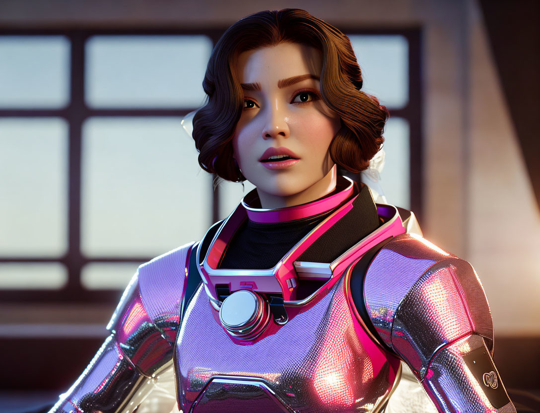 Futuristic 3D rendering of woman in pink and white space suit