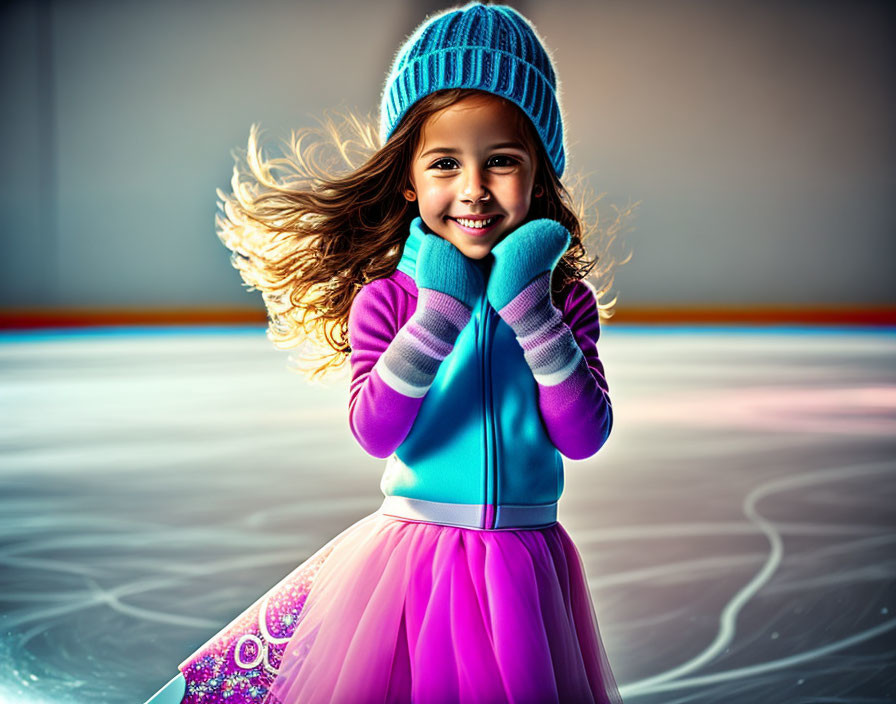 Young girl ice skating in colorful winter attire