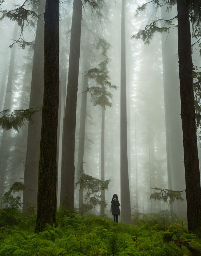 Misty forest scene with tall trees and ferns