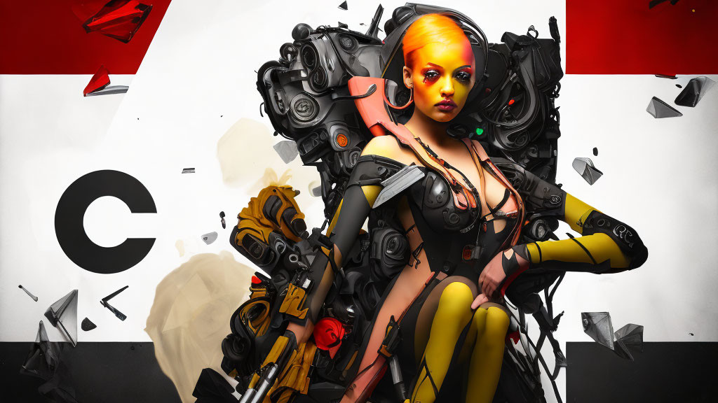 Futuristic female character with cybernetic enhancements on vibrant backdrop