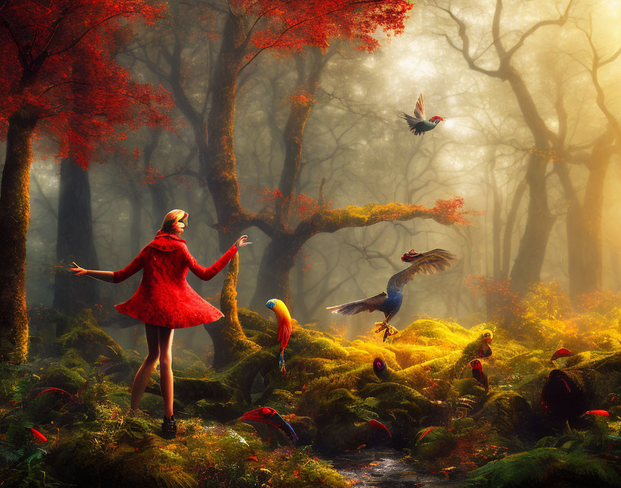 Woman in red cloak in magical forest with colorful birds and autumn trees.