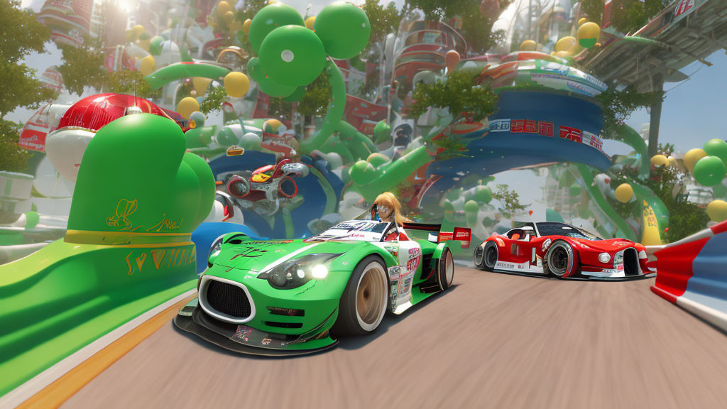 Colorful Anime Racing Cars on Festive Race Track