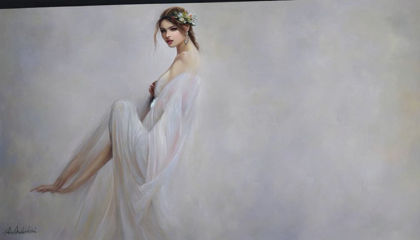 Pensive woman in white gown with floral headpiece against muted background