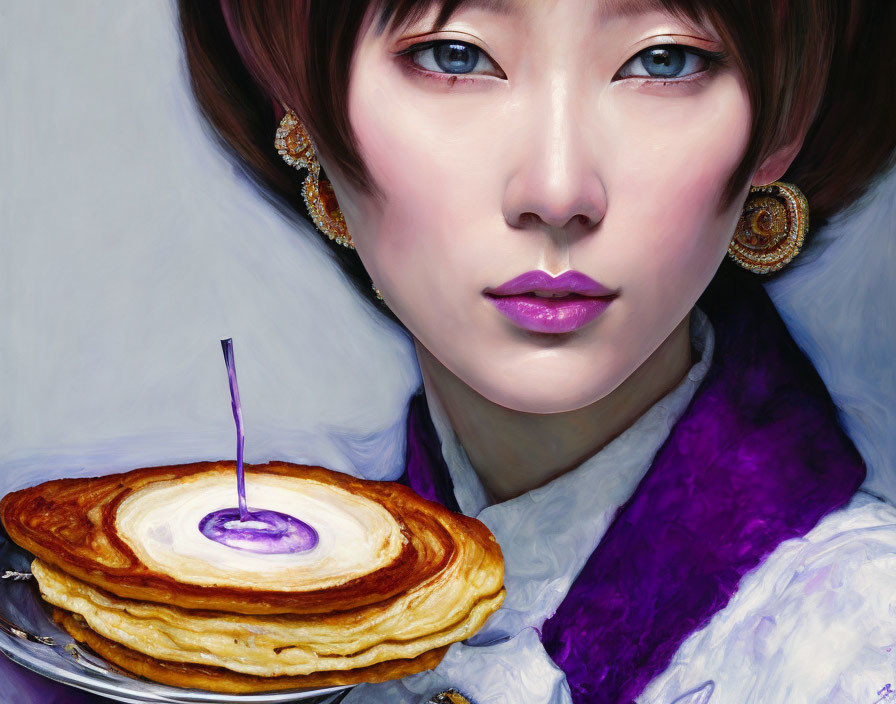 Portrait of woman with stylized makeup holding birthday pancake plate