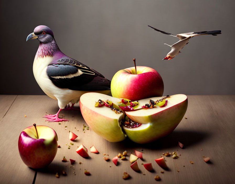 Pigeon with whole and sliced apples on table, bird flying in background