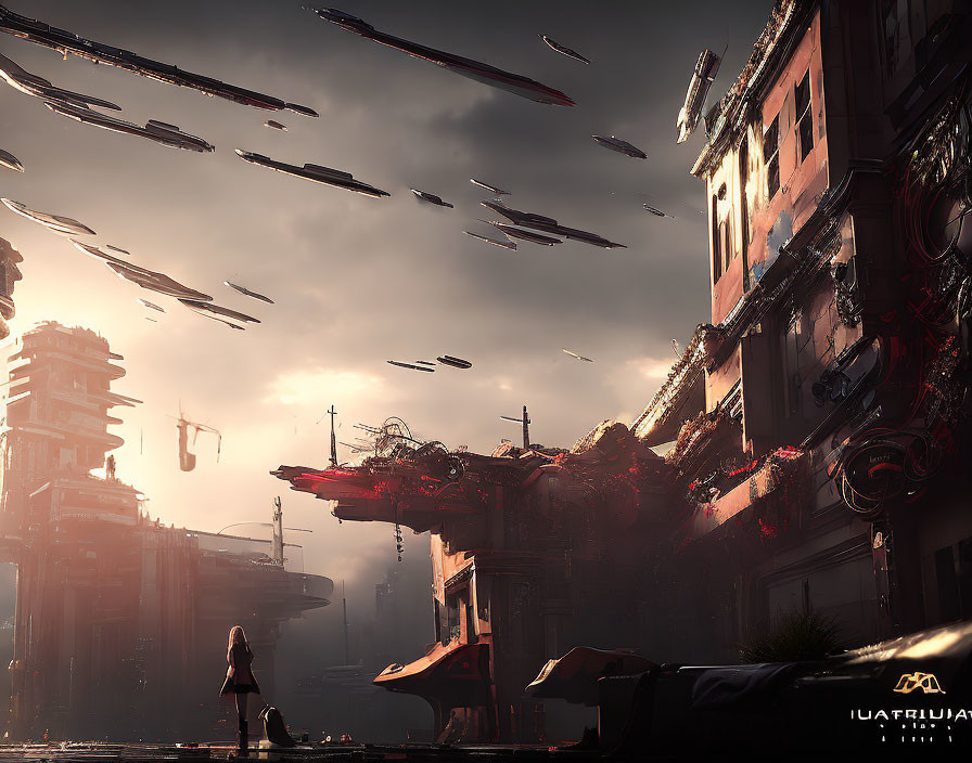 Lonely figure in dystopian cityscape with floating ships and reddish sky