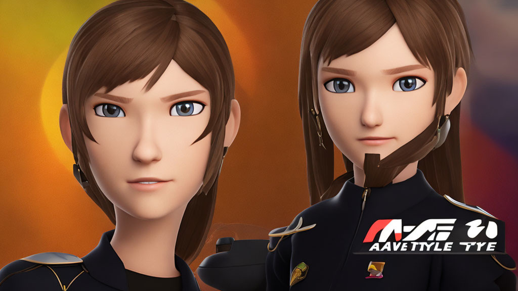 Two brown-haired female characters in black outfits against warm background