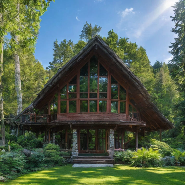 A-frame house with large windows in lush green forest