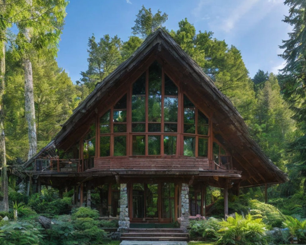 A-frame house with large windows in lush green forest