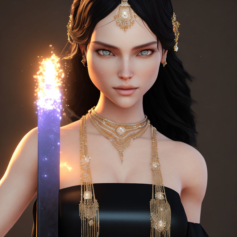 Digital artwork of woman with blue eyes holding glowing sword and wearing gold jewelry