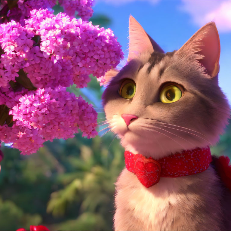 Grey Cat with Red Collar Gazing at Pink Flowers in Nature