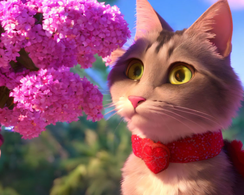 Grey Cat with Red Collar Gazing at Pink Flowers in Nature