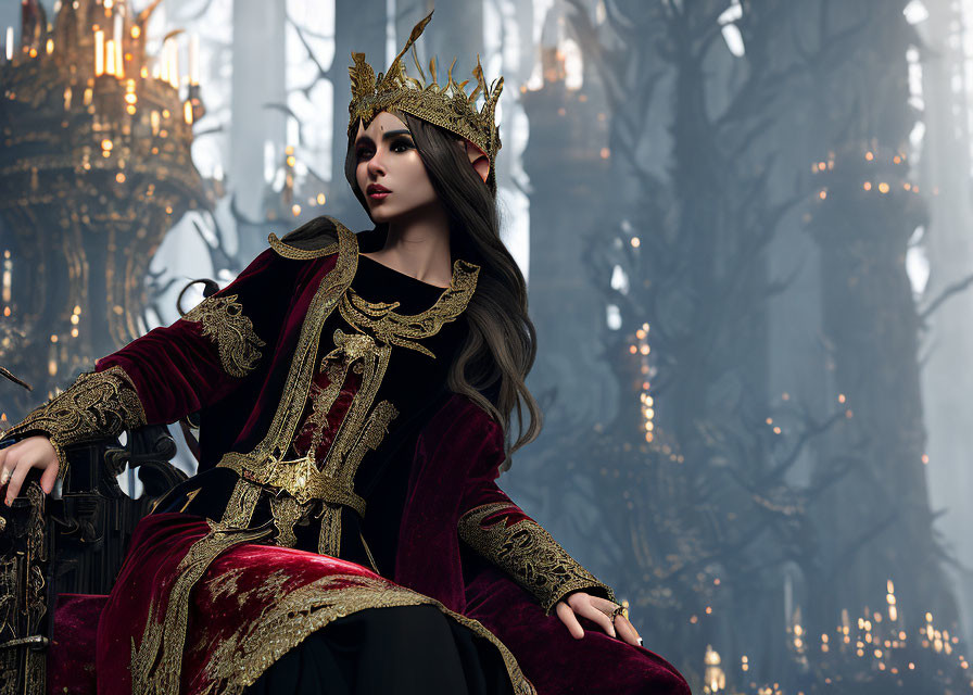 Regal woman in jeweled crown and red gown on forest throne