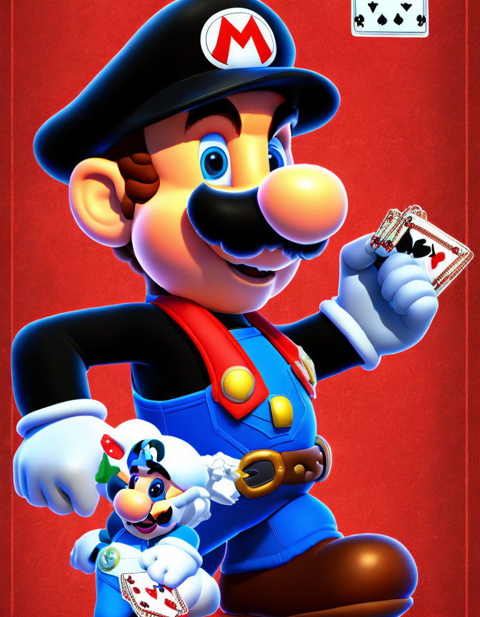 Illustration of Mario with playing cards and smaller character on red background.