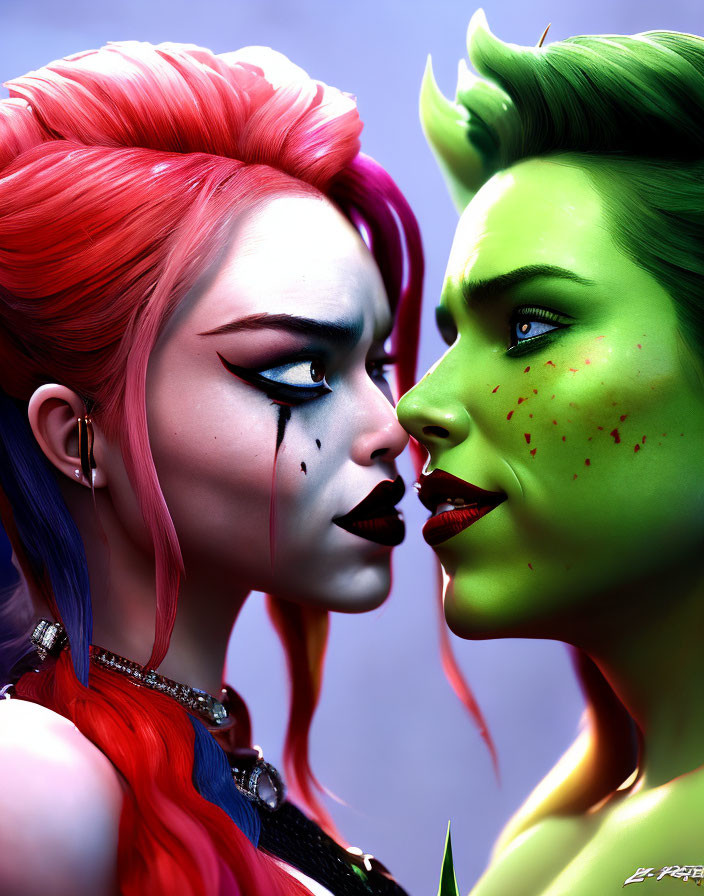 Illustrated characters with vibrant red and green hairstyles showcasing contrasting makeup and expressions