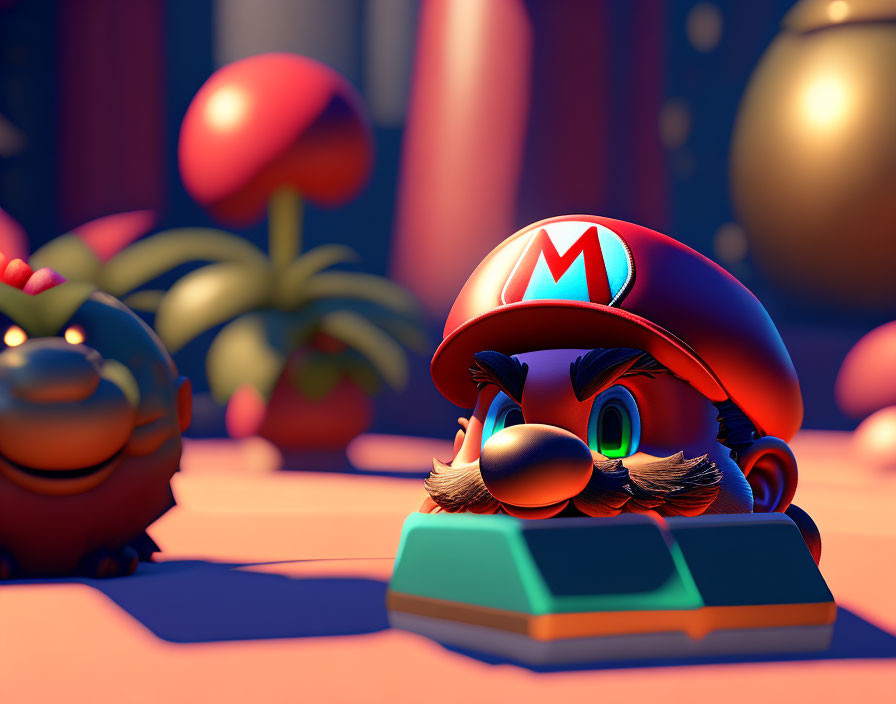 3D Rendered Mario Head Statue on Colorful Background