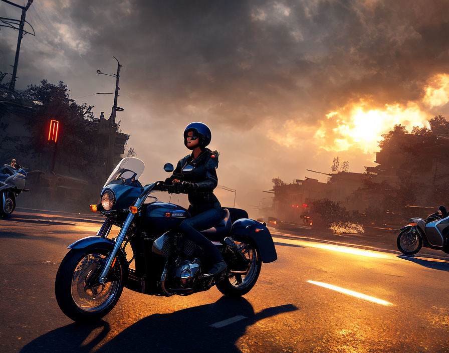 Motorcycle rider on city street at dusk with dramatic sunset