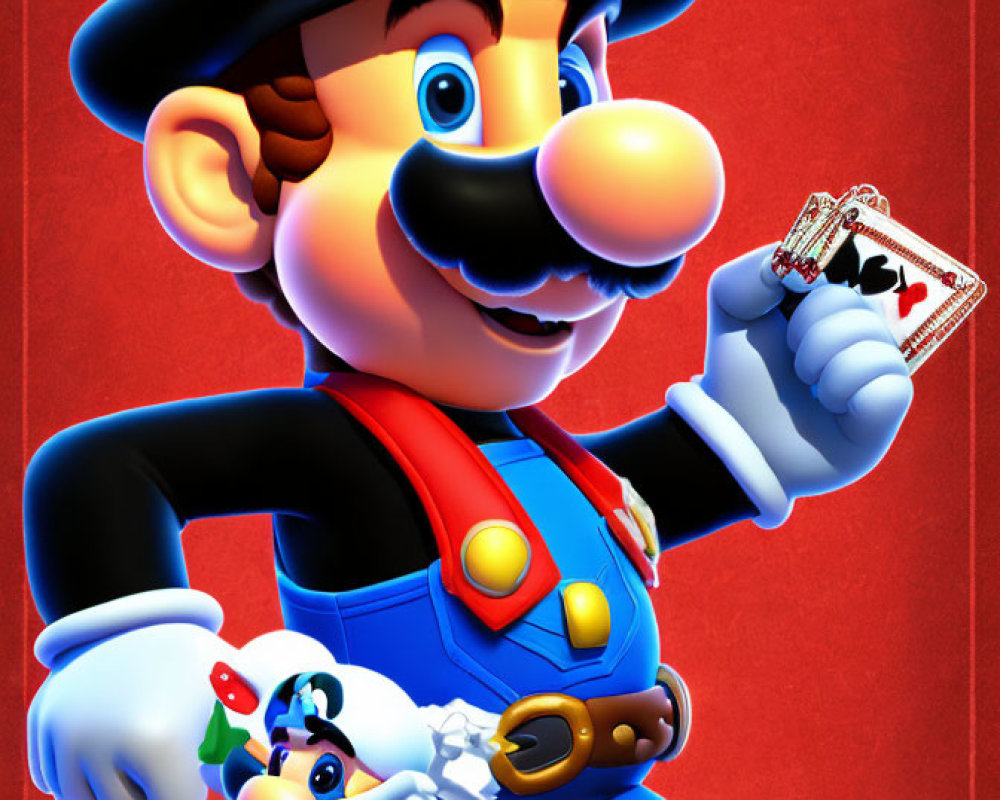 Illustration of Mario with playing cards and smaller character on red background.