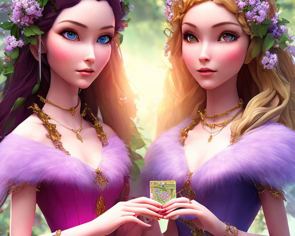 Two animated female characters in floral crowns and purple dresses in an enchanted forest with a tarot card