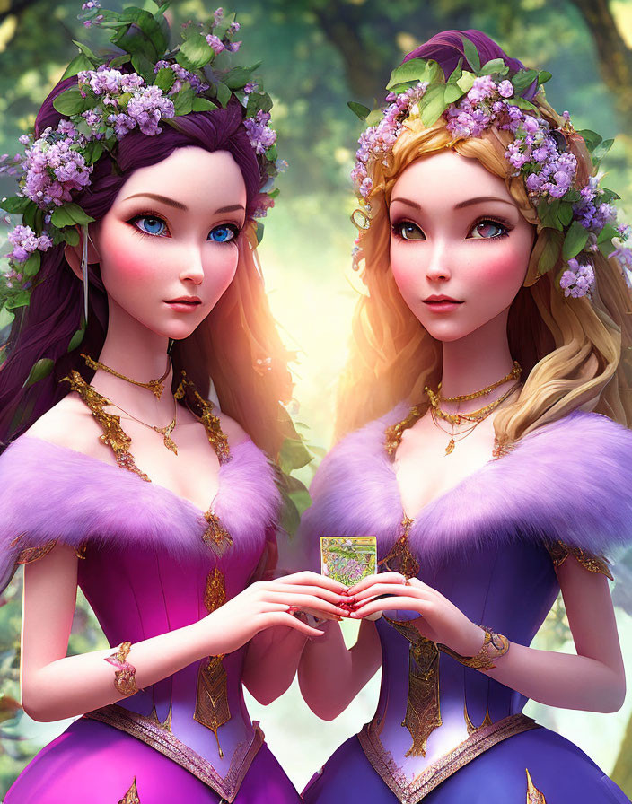 Two animated female characters in floral crowns and purple dresses in an enchanted forest with a tarot card