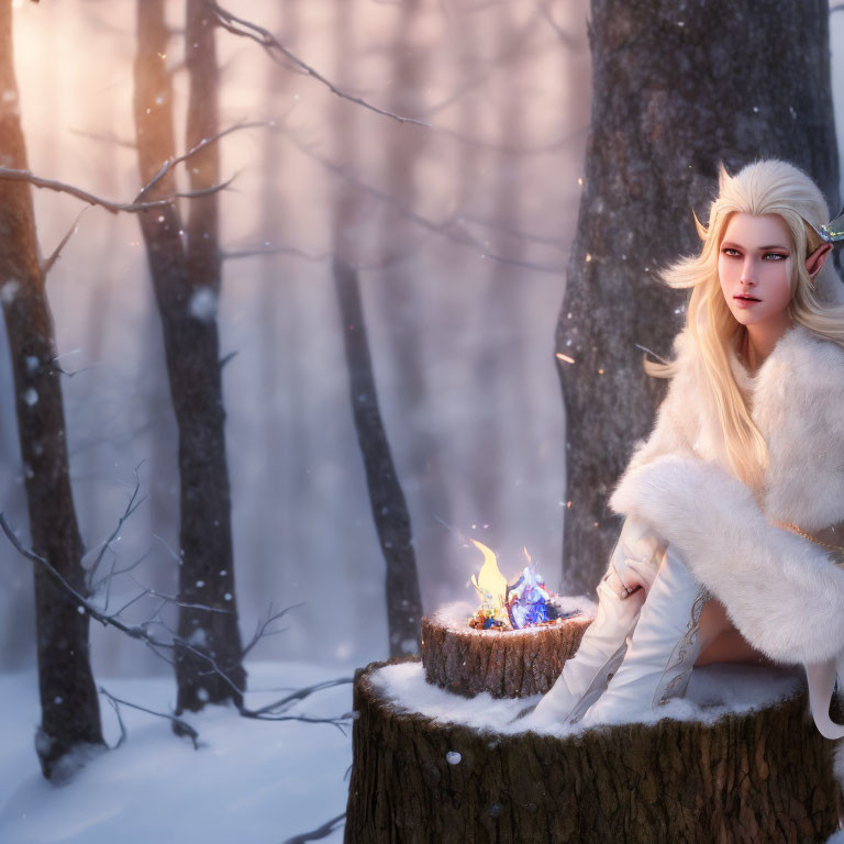 Fantasy figure in snowy forest with pointy ears and white fur clothing