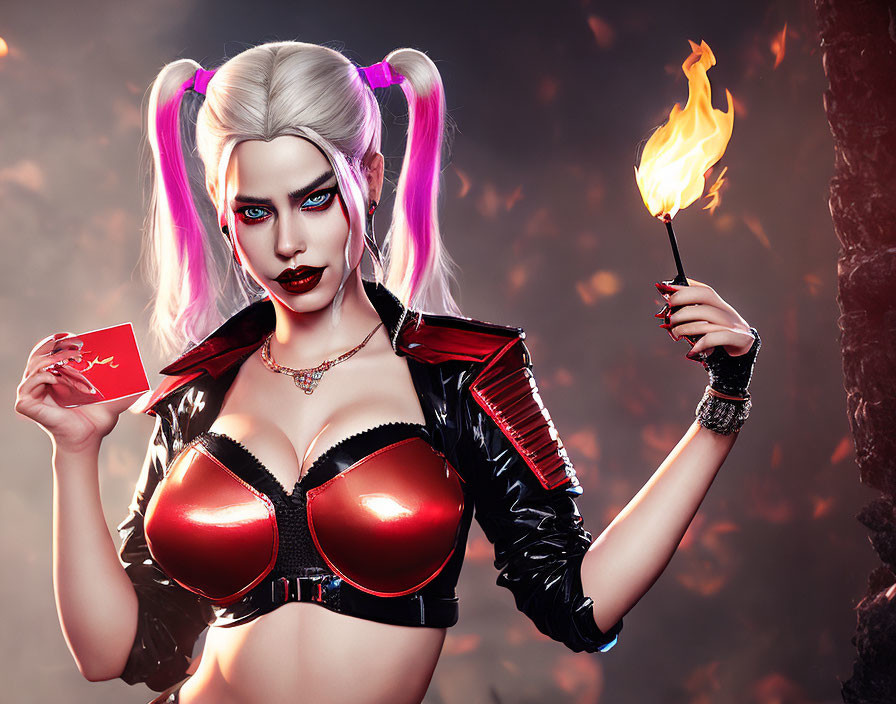 Stylized woman with white and pink hair, dramatic makeup, red and black outfit, torch,