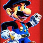 Illustration of Mario with playing cards and smaller character on red background.