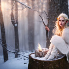 Fantasy figure in snowy forest with pointy ears and white fur clothing