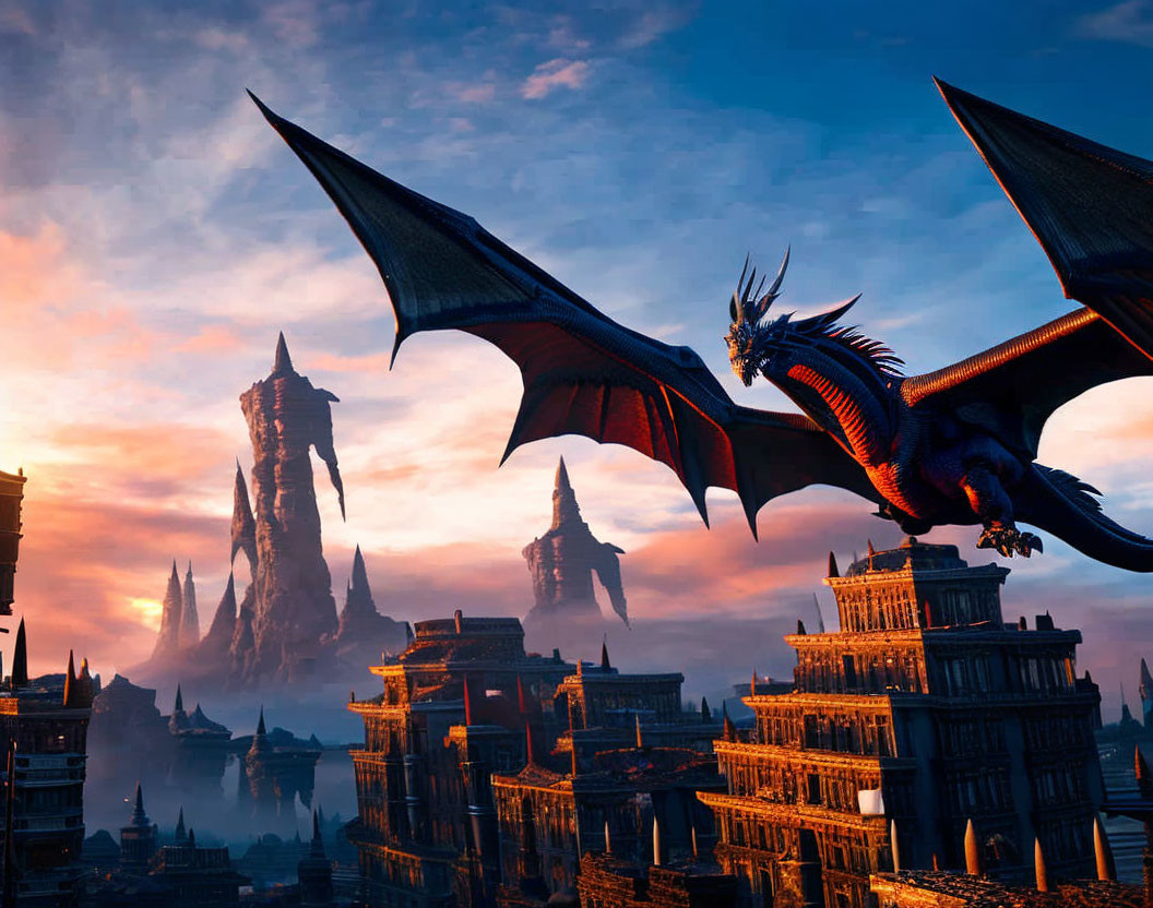 Majestic dragon flying over ancient fantasy city at sunset