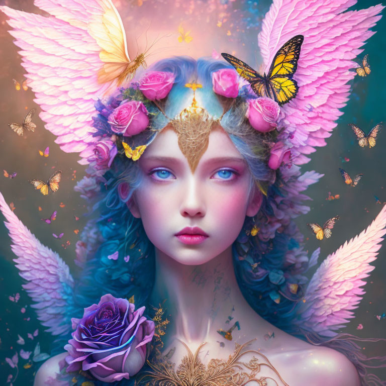 Fantastical portrait of a woman with blue hair and butterfly wings, surrounded by flowers and butterflies