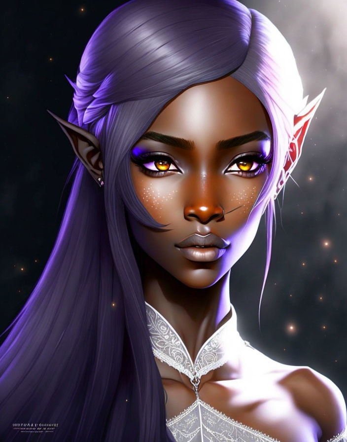 Fantasy elf digital portrait with purple hair and yellow eyes