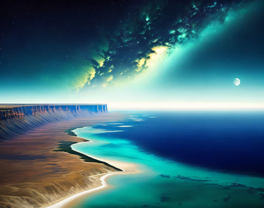 Surreal coastal landscape transitions from day to night with crescent moon and celestial phenomena